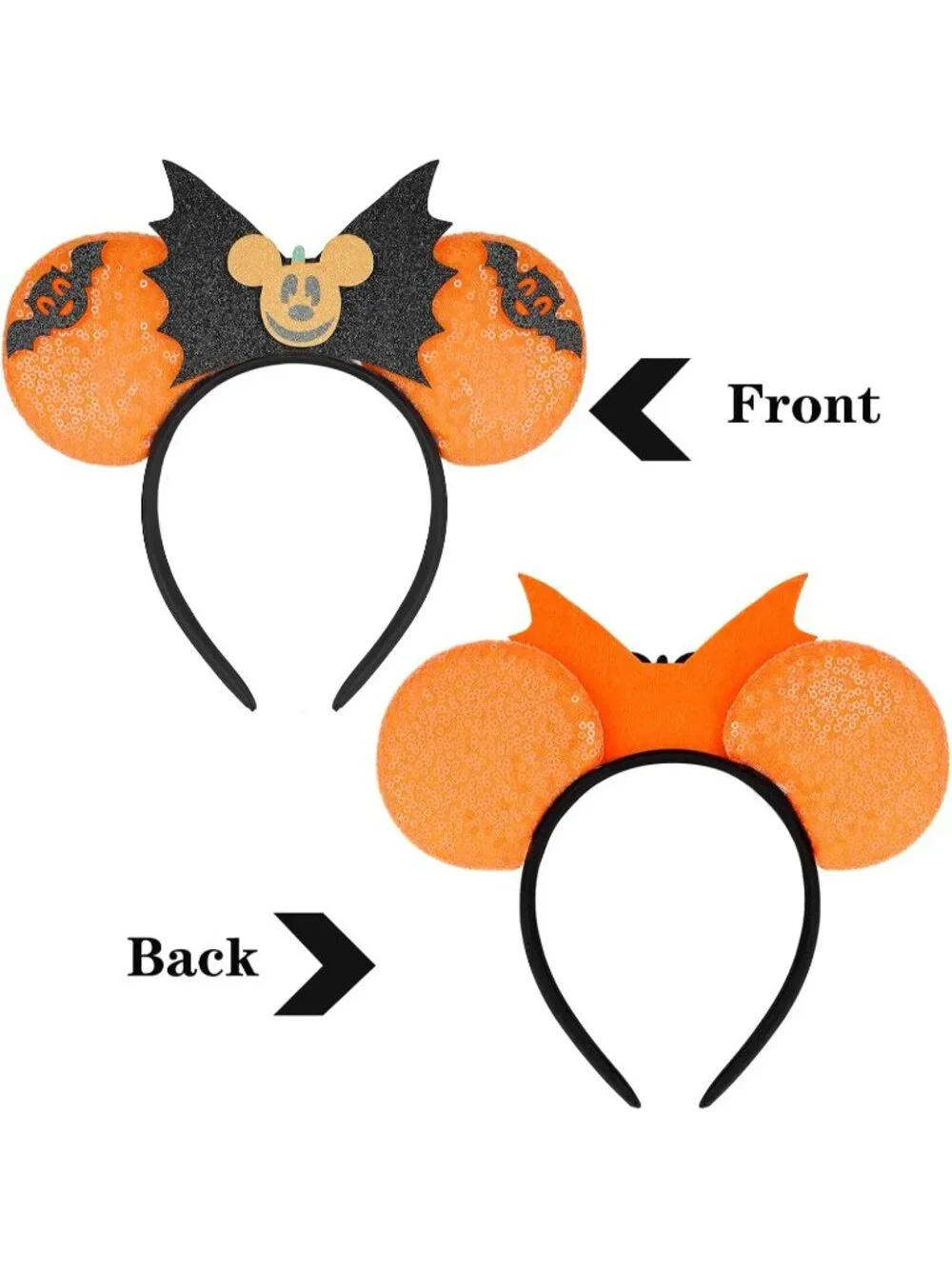 Women orange black Sequin Handmade Mickey Mouse Headband 2 Pieces
